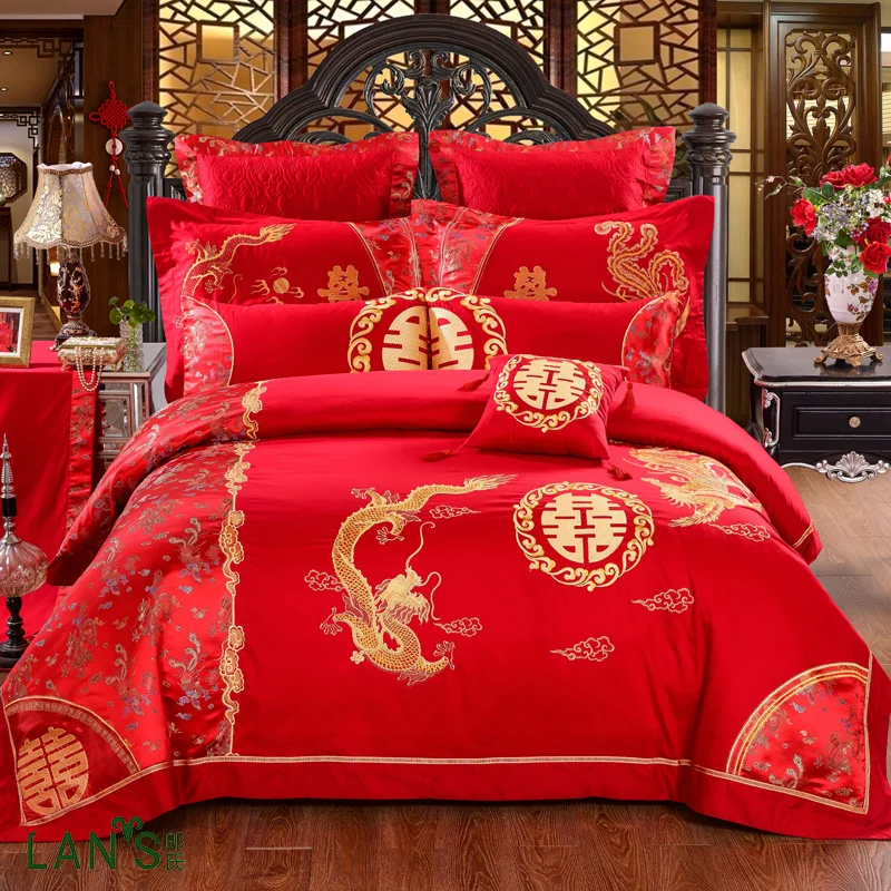 Cina Merah 2016 Mewah Emas Bordir 4 pcs Set Tempat Tidur 