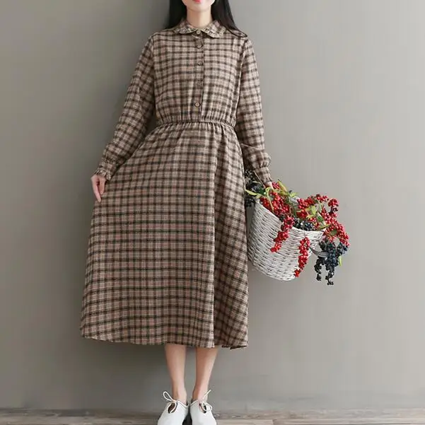 Mori Girl платье с воротником Питер Пэн винтажное клетчатое женское Vestidos