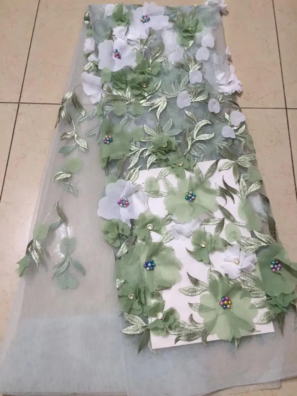 Последние популярные конструкции 3 D Цветы бисер кружевной ткани африканских кружевной ткани зеленый белый индийского шелка кружево George ткань Свадебные - Цвет: 4
