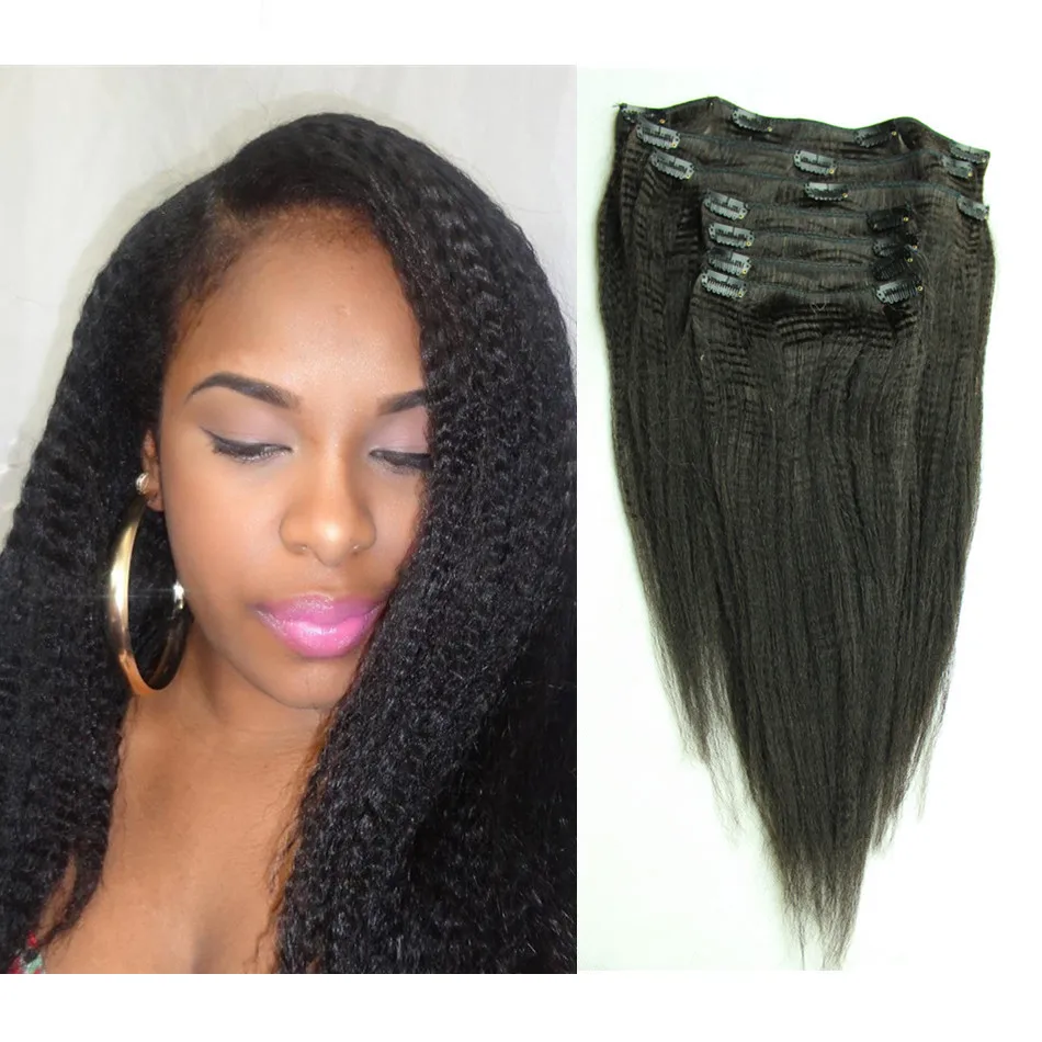 7pcs Clip in black coarse kinky yaki straight brazilian virgin hair
