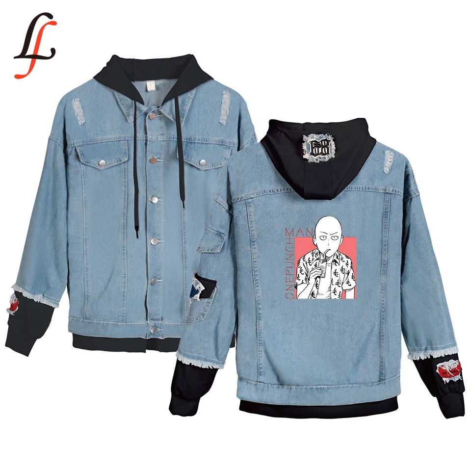 

One Punch Man Season 2 New Cowboy Women/Men Autumn Winter Fashion Stitching Hooded Broken hole Stitching Denim Jacket Plus Size