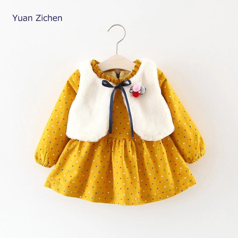 Kids Dresses For Girls 2017 Baby Girls Clothes  Dots Solid Color Dress+Waistcoat Jacket 2pcs Dresses For Girls For The New Year