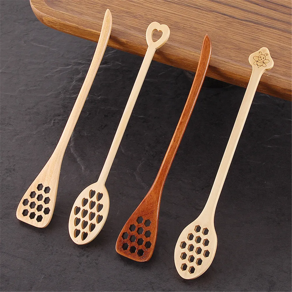 Natural Wood Honey Dipper Mixing Stick Spoon Healthy Long Handle Kitchen Mixing Bar Spoon Tea
