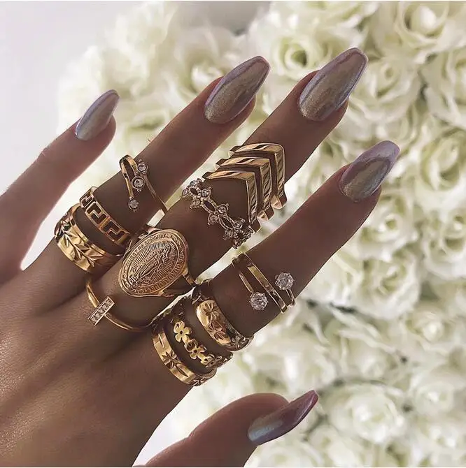 

HOT SALE 13Pcs/Set Women Female Virgin Mary Flower Rhinestone Stacking Knuckle Midi Finger Jewelry Ring Fashion