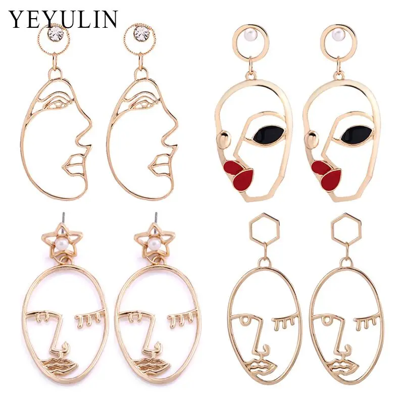 

New Design Abstract Human Face Contours Dangling Earrings Trendy Alloy Gold Color Long Earrings Jewelry For Woman
