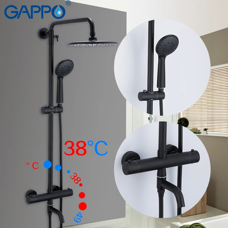 

Gappo Black Shower system Bathtub Thermostatic cold and hot water temperature control faucets shower system big overhead