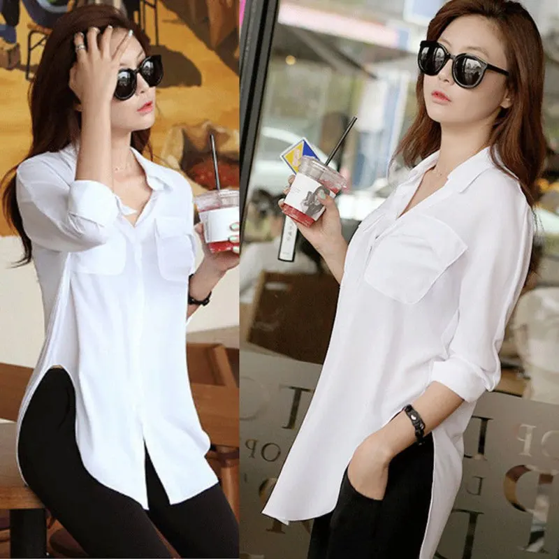 

Women Blouse blusas mujer de moda 2019 Long Sleeve Chiffon Poket Shirt Loose befree Casual Womens Tops and Blouses