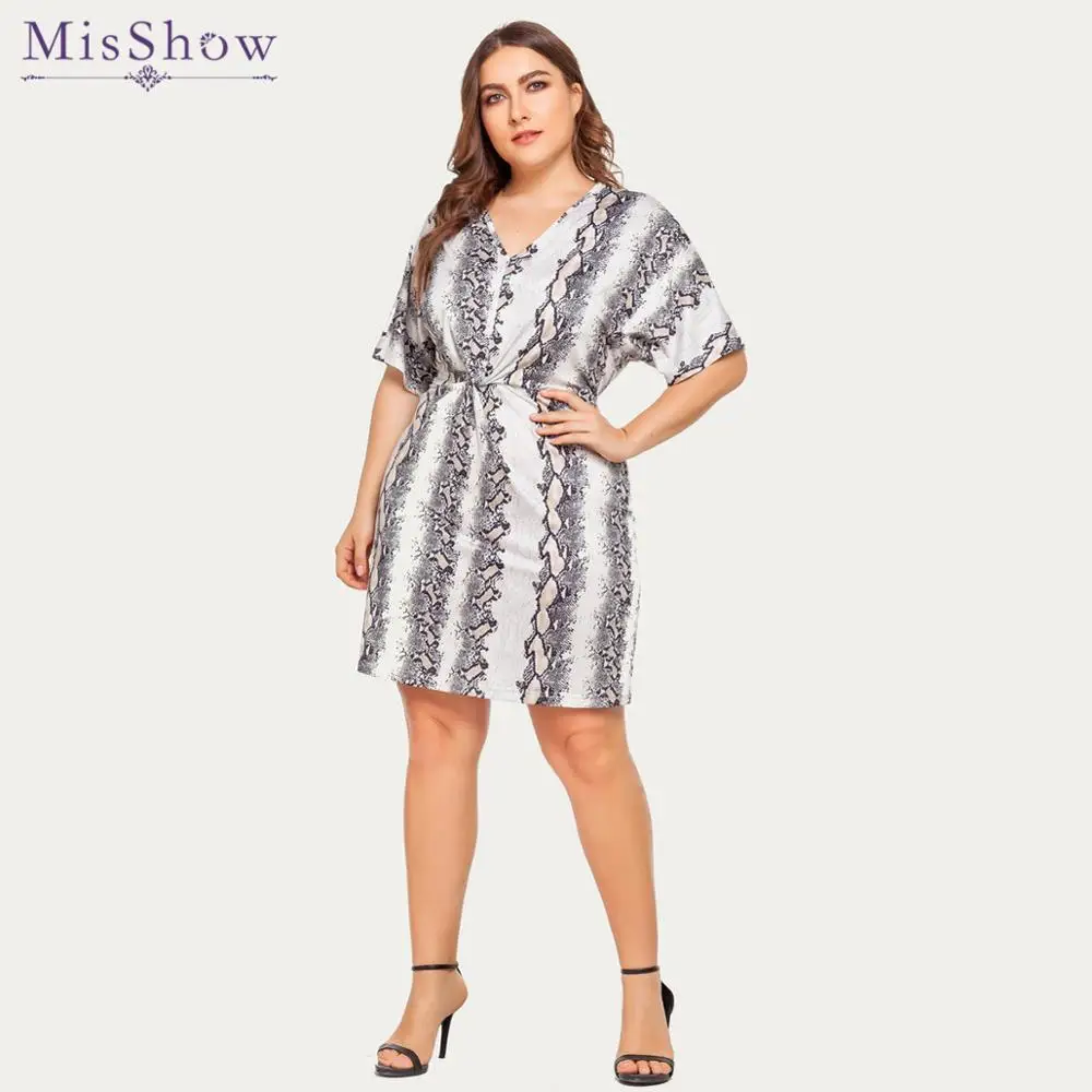 

Misshow V Neck Snake Skin Print Summer Midi Dress Women Plus Size Half Sleeve Short Casual Party Dresses Robe Femme