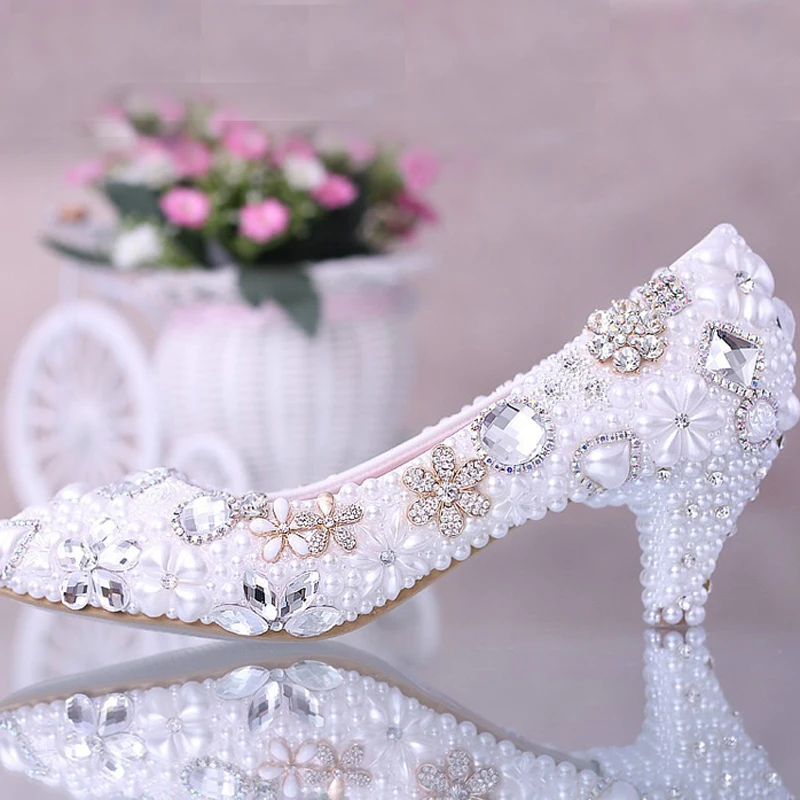 Luxurious Elegant Imitation Pearl Wedding Dress Shoes Bridal Shoes Crystal diamond low-heeled shoes Woman Lady Dress Shoes