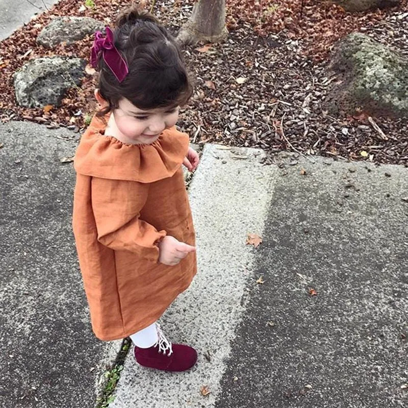 

Baby Girls Cute Clothes Long Sleeve Dress Crew Neck Ruffles Pageant Party Princess Solid Dress