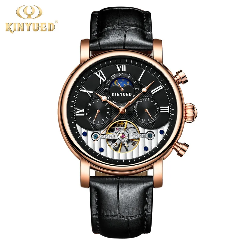 

KINYUED Relogio Masculino Luxury Brand Tourbillon Automatic Mechanical Watches Leather Strap Waterproof Calendar Sport Men Watch