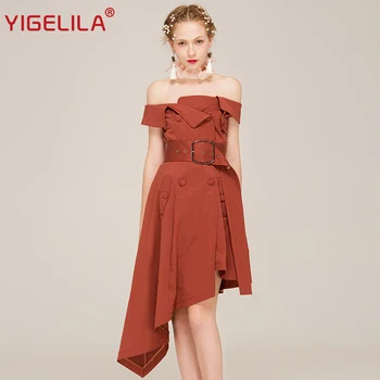 

YIGELILA Brand 62424 Fashion Solid Slim A-line Dress Slash Neck Off Shoulder Asymmetrical Empire Slim Dress