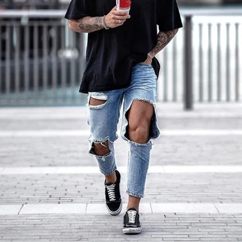 

Jeans Men Casual Mid Waist Big Hole Ripped Jeans for Men Streetwea Fashion Summer Denim Blue Vintage Harem Pant jeans hombre D40