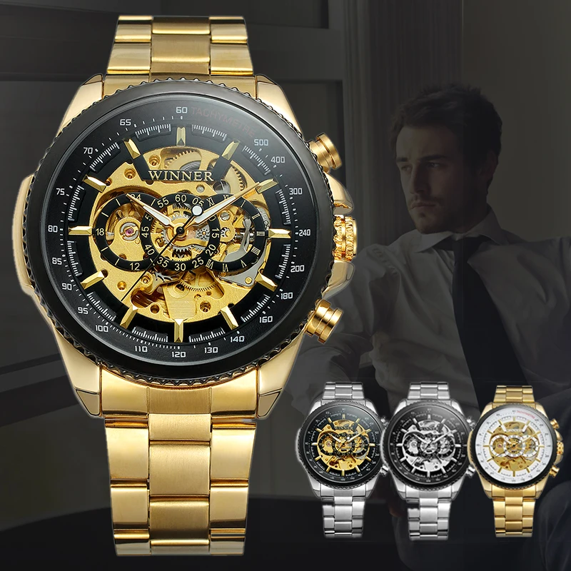 الفائز أعلى العلامة التجارية الفاخرة الرجال الميكانيكية ووتش الفولاذ المقاوم للصدأ حزام الهيكل العظمي الطلب آلي الذكور ساعة اليد relogio masculino