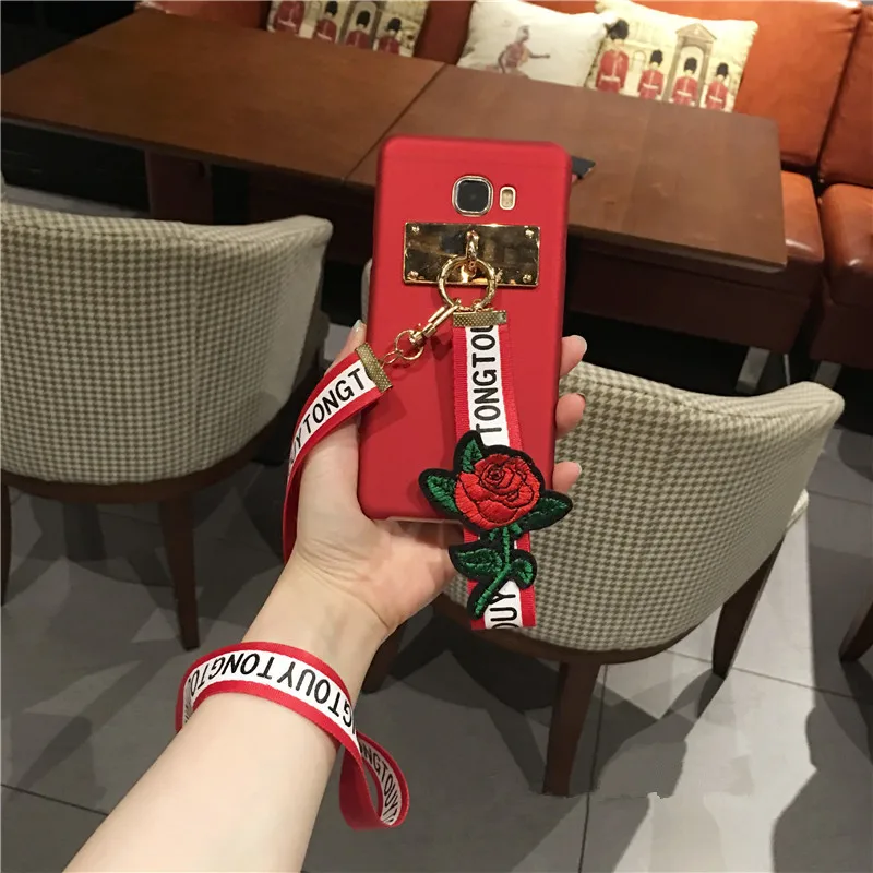 

Phone Cases For Smasung Galaxy S8 S9 Plus Embroidery Rose flower strap back cover S6 S7 Edge Note 8 Wirst Grip Strap Capa Fundas