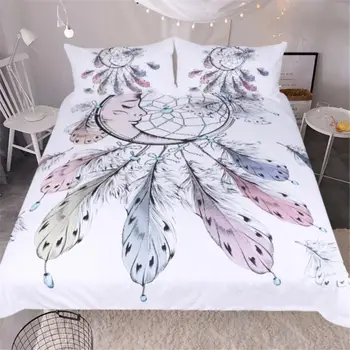 

Moon Dreamcatcher Bedding Set Queen Size Feathers Duvet Cover White Bed Set Beautiful Bedclothes Design Bed best gift 3pcs a set