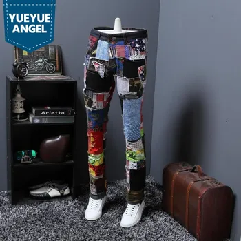 

Autumn New Patchwork Casual Jeans Men Fashion Straight Leg Slim Trousers for Teenager Colored Punk Biker Denim Pants Hombre