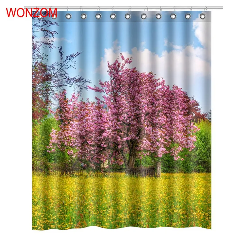 

WONZOM Peach Tree Polyester Fabric Curtains For Bathroom Decor Modern Bath Waterproof Curtain with 12 Hooks Bathroom Accessories