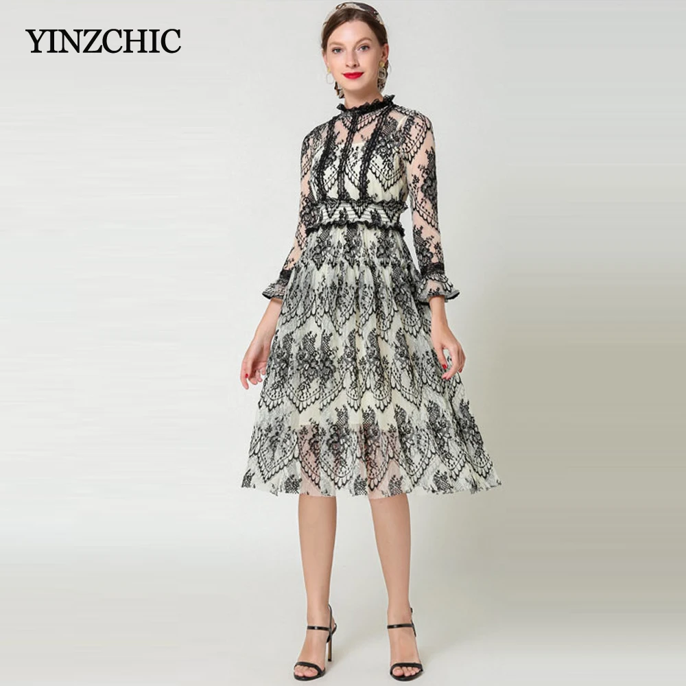 

New 2019 Womans Lace Dress Stand Collar Female Elegant A-line Party Dress Hollow-out Laces Dresses for Woman OL Mid Lace Dress