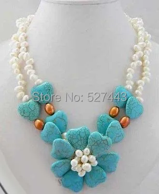 

Wholesale free shipping >2row 19'' 6mm white freshwater pearl 9mm rice orange pearl Turquoise necklace