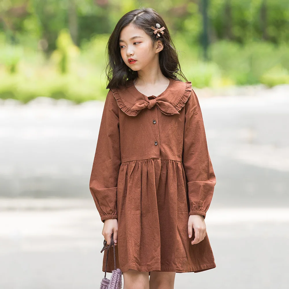 

school linen cotton big girls dresses long sleeve with bow a line teenage girls autumn dress 2018 children clothing