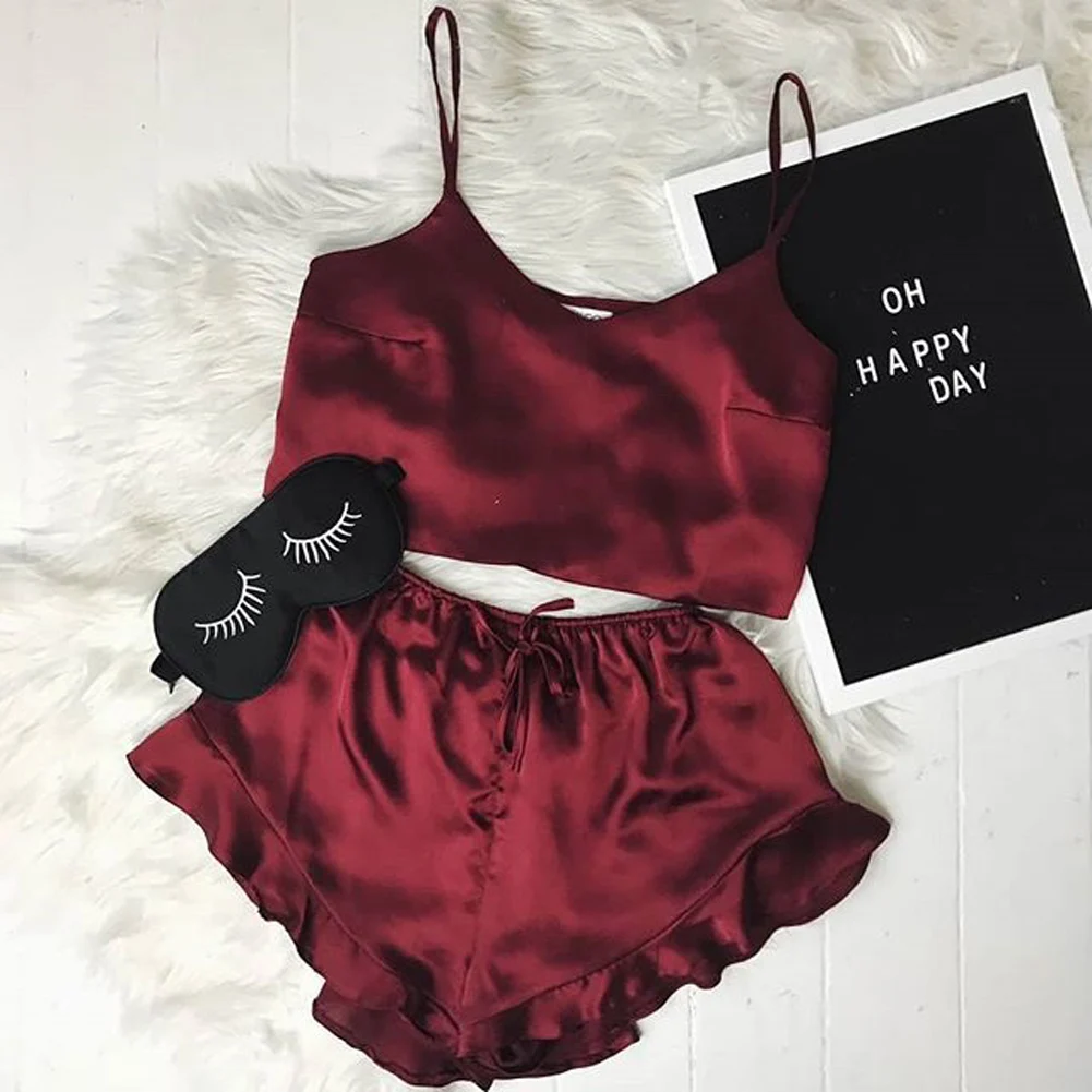 FREE SHIPPING Sleepwear Pajamas Silk Satin Strappy Crop Tops Chemise Shorts Loose Wine Red Nightwear Pajamas Sets JKP1465