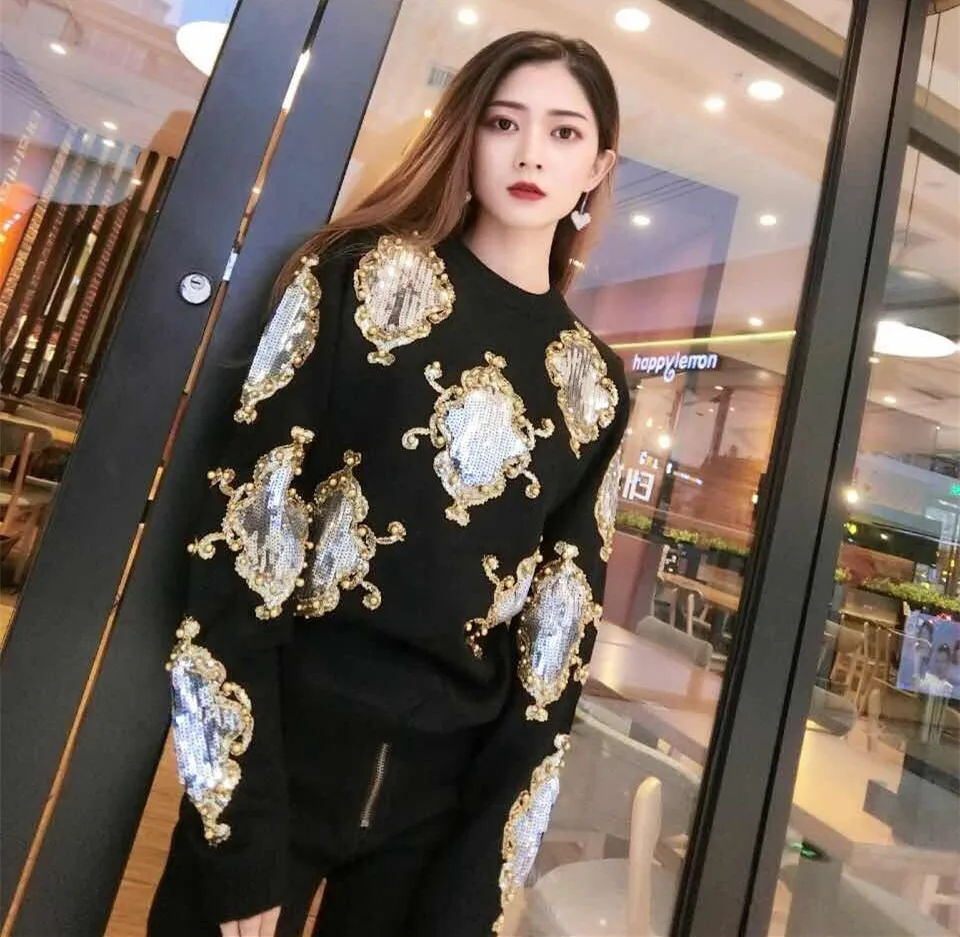 Cakucool Beading Knitted Tops Women Long Sleeve O-neck Sequined Sweaters Floral Embroid Ethnic Shiny Jumpers Sweater Female | Женская