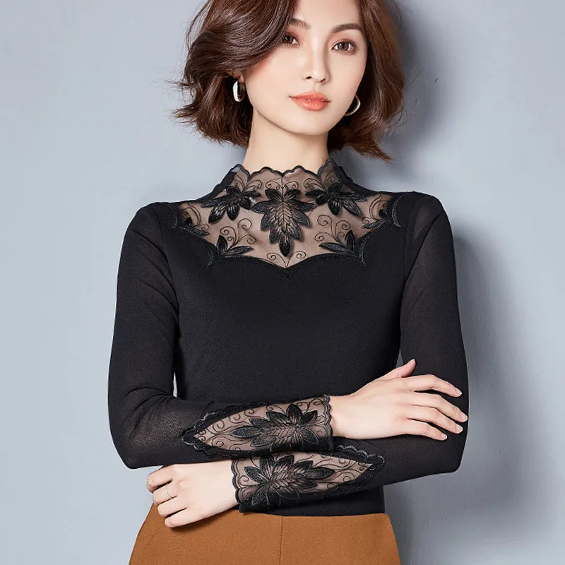Lady Winter Warm Shirt Long Sleeve Lace Garments Unlined Upper Garment Clothes Black Female Blouse Garment Plus Size B9619