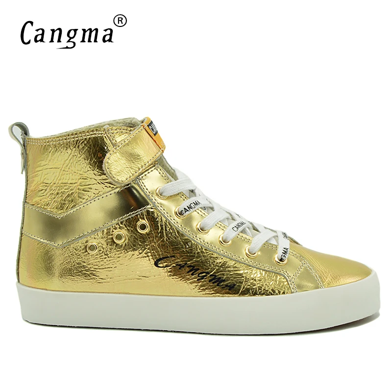 CANGMA Famous Designer Man's Boots Patent Genuine Leather Casual Shoes Brand Sneakers Men Gold Shoes Lace Up Ankle Boots Male cangma original luxury man s boots casual shoes ankle boots brand sneakers men lace up patent genuine leather male silver shoes