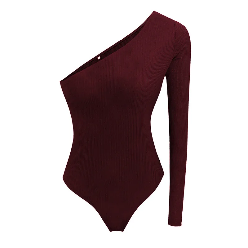 Women Girl Solid Irregular Off Shoulder Spring Ribbed Knitted Sexy Bodysuit O Neck Slim Rompers Womens Jumpsuit Basic Bodysuits