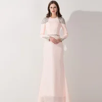 2016 Real Photo Elegant Light Pink Evening Dresses Long Sleeves With Beadings Formal Dress Prom Long Robe Soiree Longue