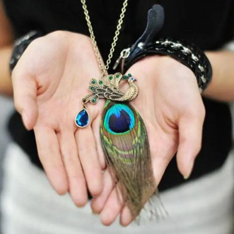 New Hot Long Vintage Jewelry Ancient Brown Peacock Feather Bohemia Necklace Statement Necklaces Retro Collares Mujer For Women | Украшения