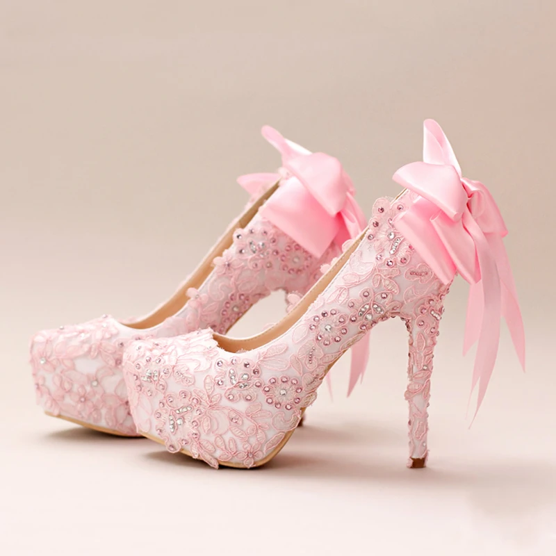 

Women Shoes Wedding Bright Lace Fabric Silk Bow Tiny Rhinestone Girl Pumps High heels Baby Pink Princess Birthday Gift Christmas