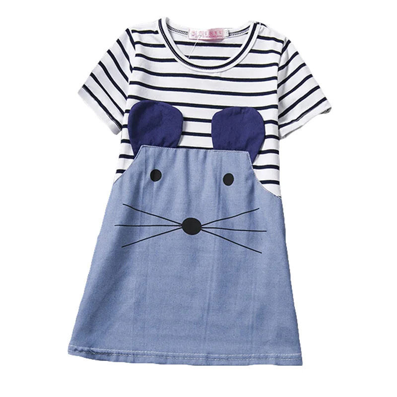 

Striped Patchwork Character Girl Dresses Summer style Little Mouse Children Clothing Kids baby Girls Dress Denim Kids Clothes
