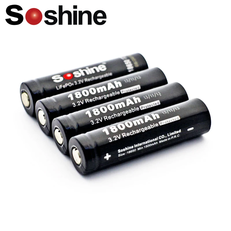 

4pcs Soshine 3.2V Rechargeable 18650 LifePO4 Battery Cell 1800mAH Protected Positive nipple for Led Torch Headlamp Bicycle Light