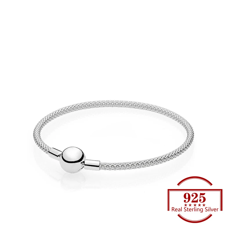 

2019 925 Sterling Silver Mesh Woven Round Button Bracelet Trenddy Jewelry Fits Charm Bracelet DIY for Women Party Gift