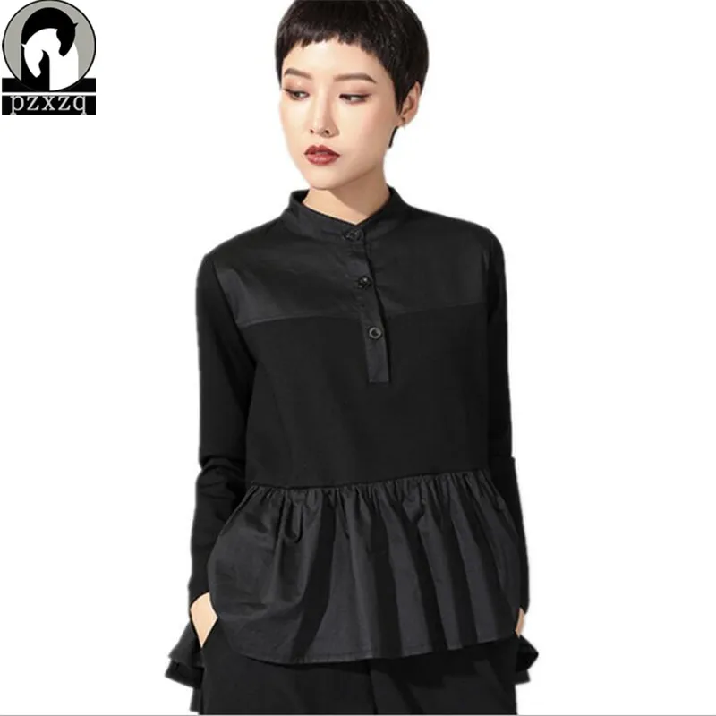 

Special womens T-shirt Spring new long-sleeved stitching slim swallowtail top female Black Casual T Shirt Long Sleeve Tees Tops