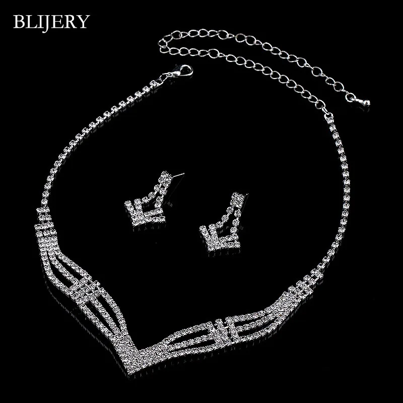 Bridal jewelry sets BLIJERY Silver plated crystal bridesmaid bridal jewelry sets geometric choker necklace earrings for women wedding jewelry sets
