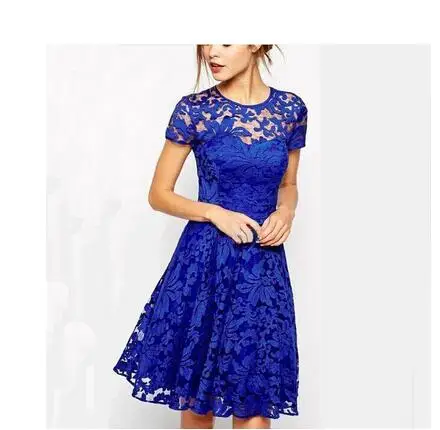 

1pcs/lot Women Elegant Sweet Hallow Out Lace Dress Sexy Princess Slim Summer short sleeve o-neck Dresses