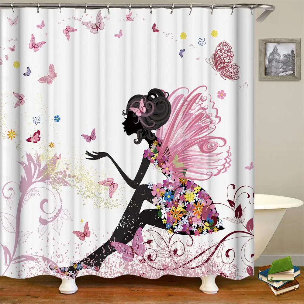 Pink Butterfly Girl with Floral Dress Flower Design Bathroom Shower