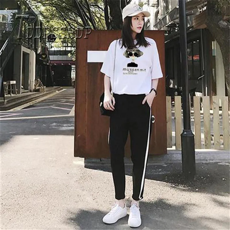

2019 Korean Casual Women Sets Summer T Shirt and Pants Do Exercise Female Sets