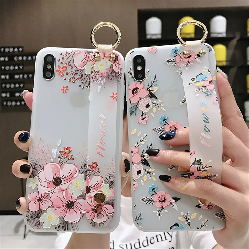 

Floral Wrist Strap for IPhone X XR XS MAX Phone Case Silicone Fresh Flower Cases for Iphone 7 8 6 6S 5S SE Plus Ring Strap Cover