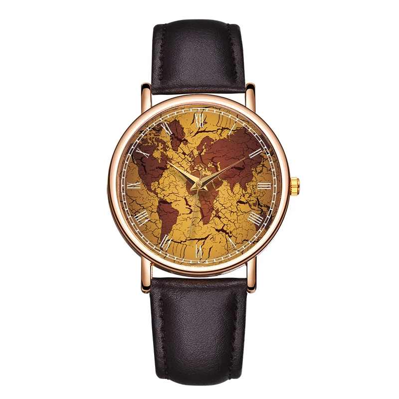 

B-9076 Fashion World Map Hand Watch PU Leather Retro Design Mens Bracelet Watch Multi-color Leather Band