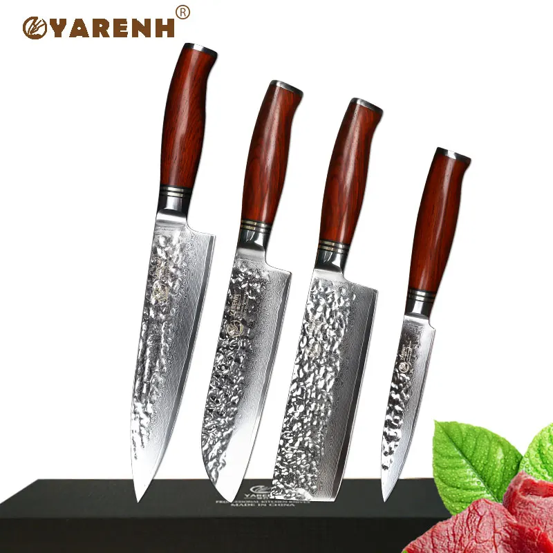 

YARENH 4 pcs damascus kitchen knife set Japanese VG10 knives sets professional chef santoku nakiri utility knive combination set