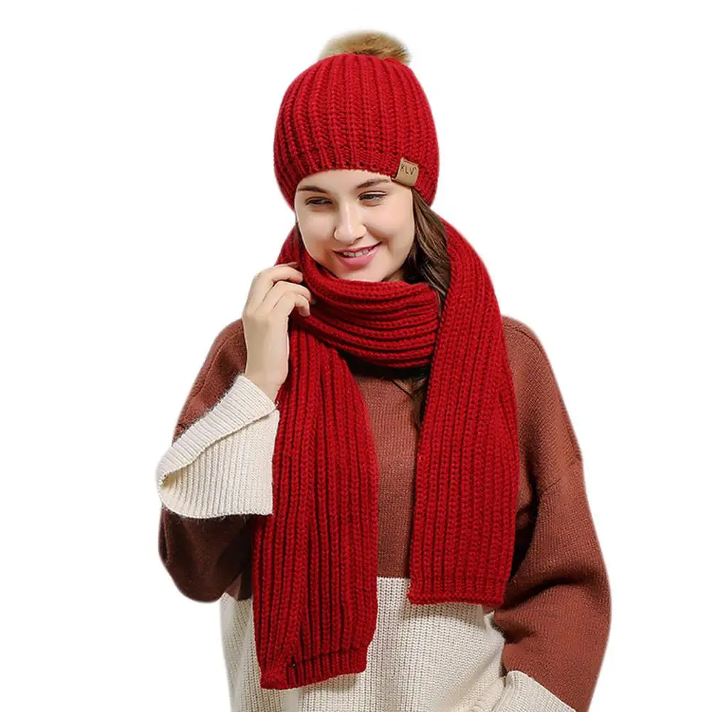 Mrwonder 2 шт./компл. зима для женщин шерстяной вязаный кепки и шарф костюм одноцветное цвет леди шапка глушитель комплект