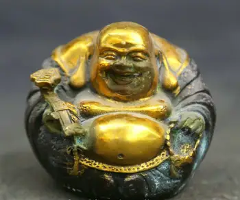 

2.8" Antique Chinese Bronze Gild Buddhism Maitreya Buddha Hold Ruyi Small Statue