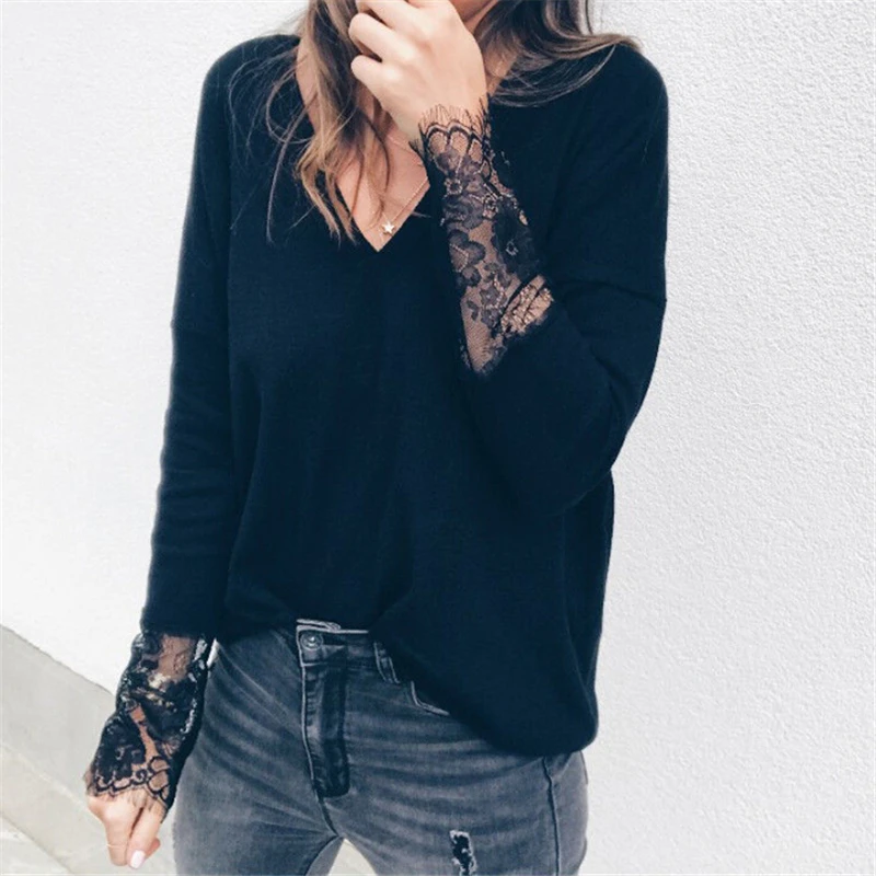 

Fashion Ladies Blouses Women Long Sleeve Blouse Tops Hot Sexy Womens Blouses And Tops Lace V Neck Blouse Lady's Black Shirts Top