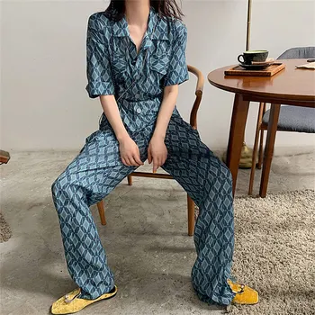 

2019 Summer Casual Jumpsuit Women Chiffion Loose Elastic Waist Diamond Pattern Fashion Jumpsuits