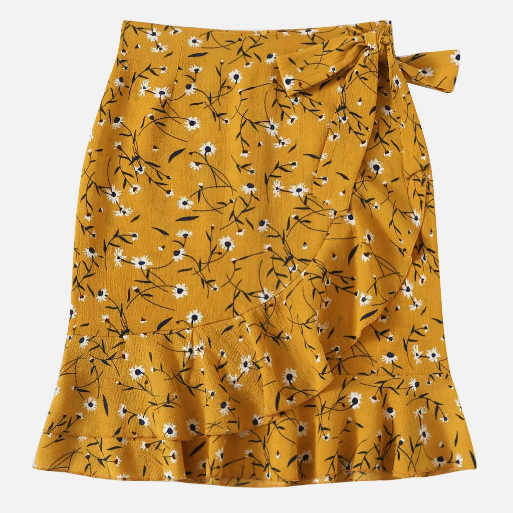 KLV летняя юбка женская Последняя мода повседневная печатная бандажная юбка с бантом Bodycon оборками D4
