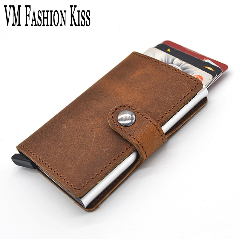 

VM FASHION KISS Minimalist Wallet RFID Genuine Leather Mini Safe Aluminum Credit Business Credit Card Box Purse Holder Case